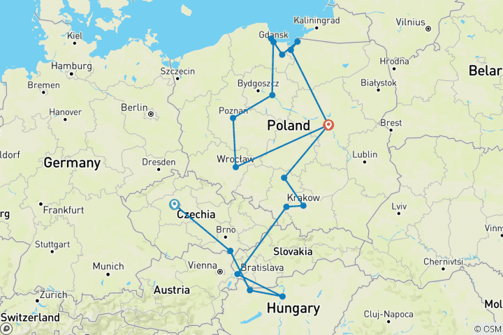 Carte du circuit République tchèque, Budapest et circuit dans le nord de la Pologne (18 destinations)