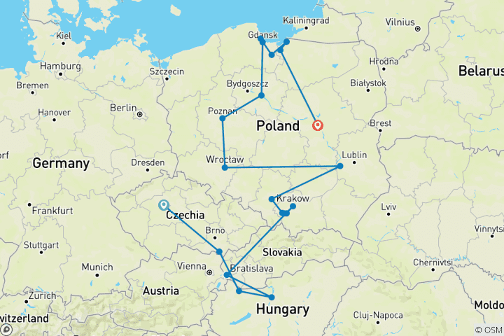 Carte du circuit La République tchèque, Budapest et les merveilles de la Pologne (dont Sopot)