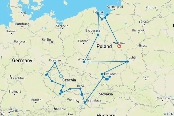 Karte von Tschechische Perlen und ganz Polen (32 Destinationen)
