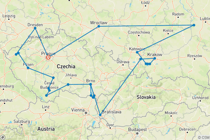 Karte von Tschechische Perlen und Herz von Polen (25 Destinationen)