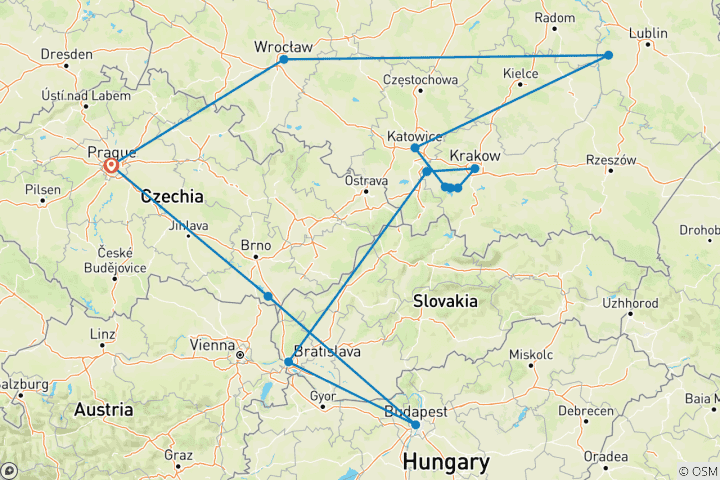 Carte du circuit La République tchèque, Budapest et le cœur de la Pologne, avec une arrivée à Prague (13 destinations)