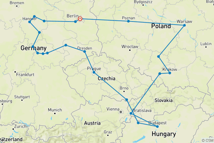 Carte du circuit Berlin, Prague, Budapest et le meilleur de la Pologne