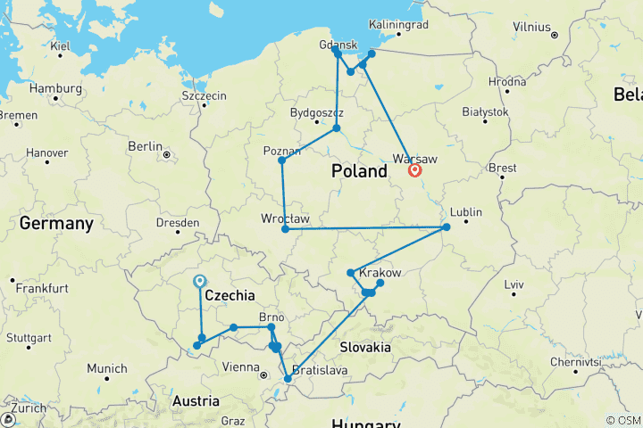 Carte du circuit La Tchéquie et l'ensemble de la Pologne (26 destinations)