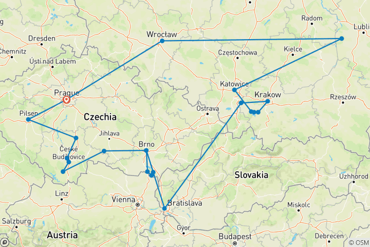 Karte von Ganz Tschechien und Herz von Polen (22 Destinationen)