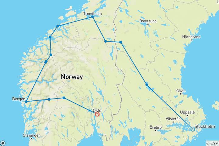 Carte du circuit Fjords légendaires - Fin à Oslo