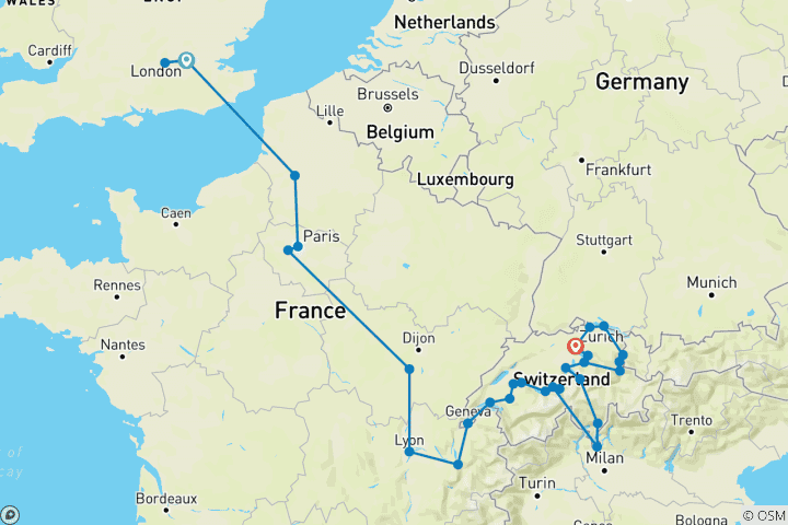Karte von London nach Zürich (von London nach Zürich)