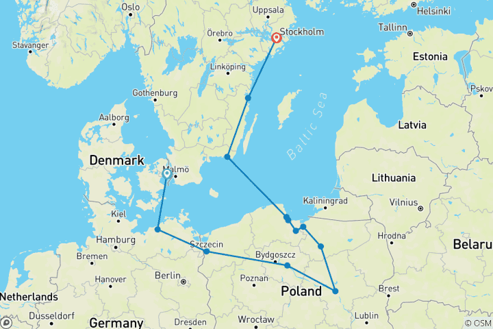 Carte du circuit Les joyaux nordiques et la Pologne, fin à Stockholm