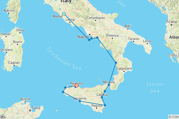 Map of Sicily and Southern Italy Ending in Palermo with Rome (17 destinations)