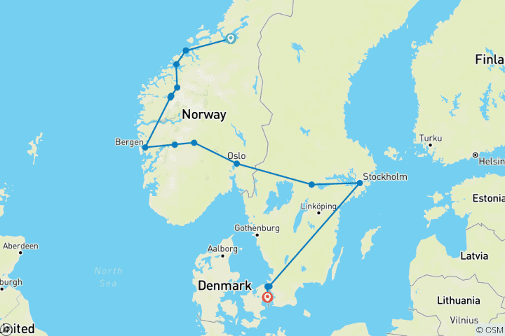 Carte du circuit La belle Norvège et les capitales nordiques