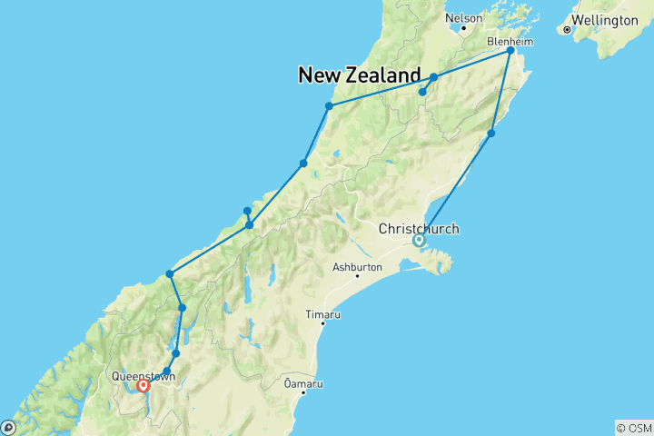Carte du circuit Aventure de randonnée panoramique dans l'Île du Sud
