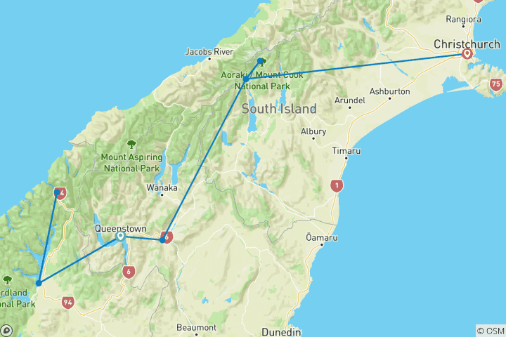 Carte du circuit Les incontournables de l'île du Sud : une aventure