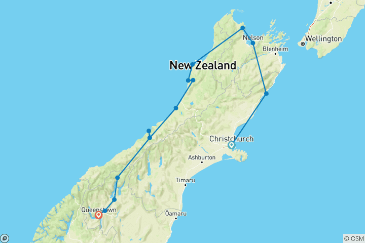 Carte du circuit Aventure pédestre sur la côte et les sentiers de l'Île du Sud