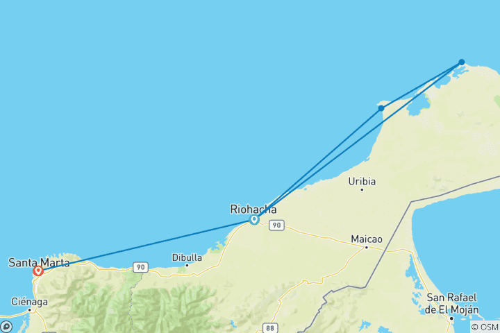 Map of Punta Gallinas: 5-Day Desert Motorcycle Tour from Santa Marta