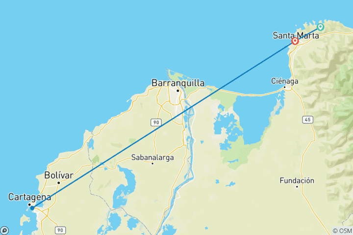 Map of UNESCO Heritage Tour & Cartagena: 6-Day Motorcycle Tour from Santa Marta