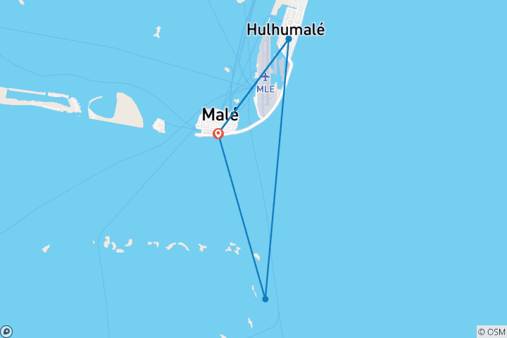 Carte du circuit Aventure de 6 jours aux Maldives et séjour en complexe hôtelier : requins-nourrices, raies, plongée avec tuba, bancs de sable et complexes hôteliers insulaires
