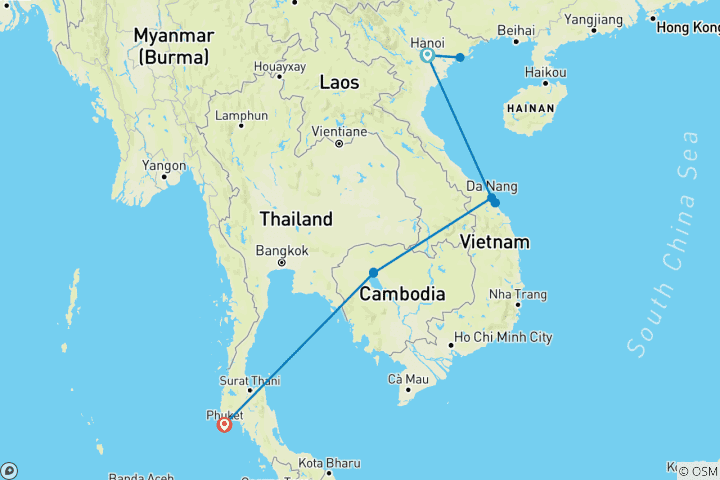 Kaart van Vietnam, Cambodja en Thailand in 10 dagen – Van cultureel erfgoed naar tropische stranden