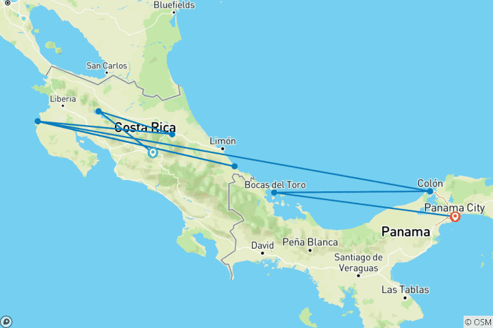 Map of Costa Rica and Panama: San Jose, Arenal, Tortuguero, Bocas del Toro - 13 days