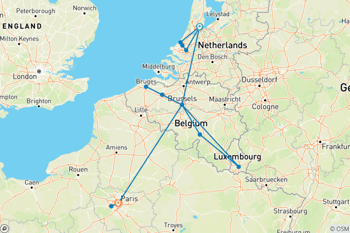 Carte du circuit Circuit de 10 jours à Amsterdam, Bruxelles et Paris : découvrez le meilleur des Pays-Bas, de la Belgique et de la France