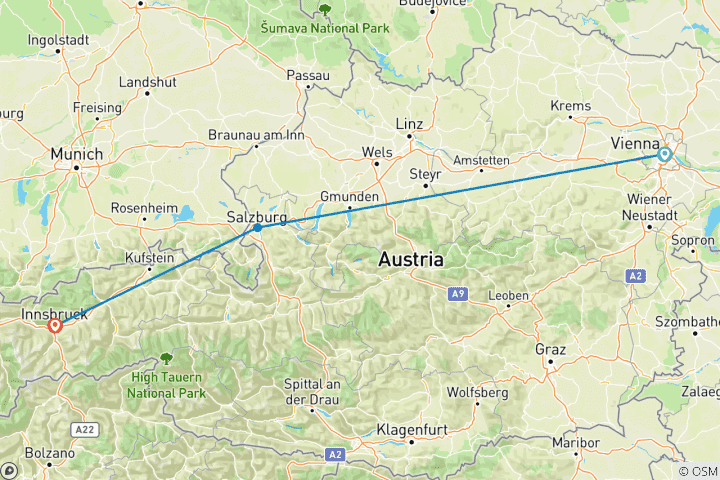 Carte du circuit L'Autriche enchanteresse : escapade 4 étoiles à Vienne, Salzbourg et Innsbruck, avec transferts, visites touristiques et petits-déjeuners