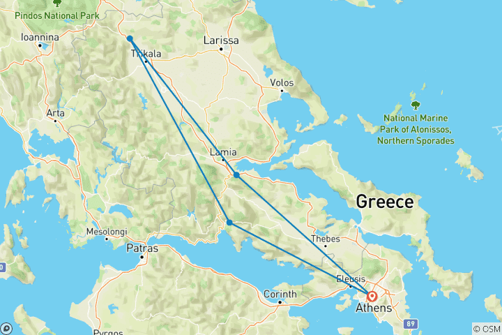 Carte du circuit Circuit privé de deux jours au départ d'Athènes : Delphes, les Météores et les Thermopyles