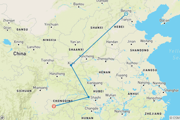Carte du circuit Circuit bilingue | Circuit classique de 10 jours à Pékin, Xi'an et dans les Trois Gorges du Yangtsé | La Grande Muraille, la Cité interdite, les Guerriers en terre cuite et une croisière de luxe sur le Yangtsé