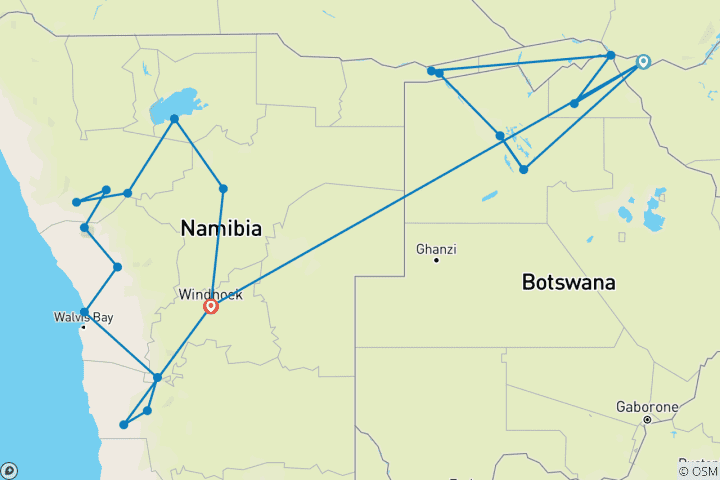 Kaart van Hoogtepunten van Namibië en Botswana