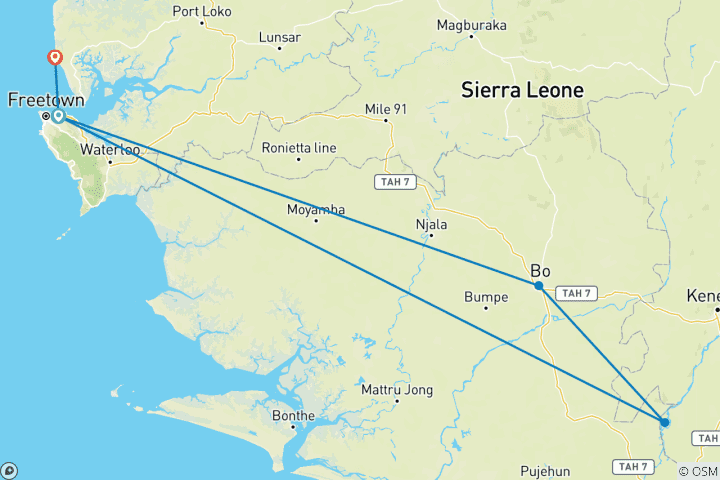 Mapa de Aventura por la fauna y la selva tropical de Sierra Leona: 9 días de naturaleza y descubrimientos
