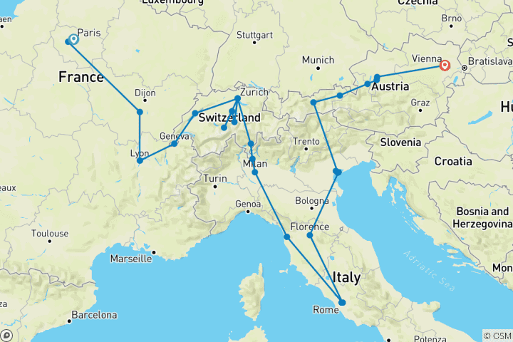 Carte du circuit L'Europe aventureuse GO (34 destinations)
