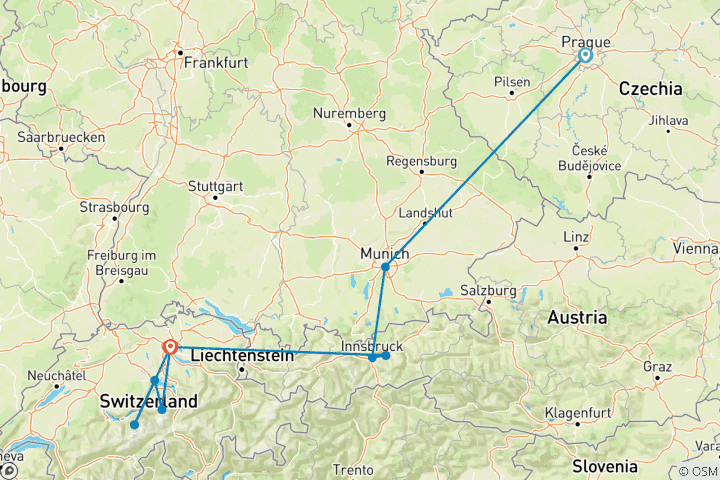 Carte du circuit De Prague à Zurich GO (y compris Wattens)
