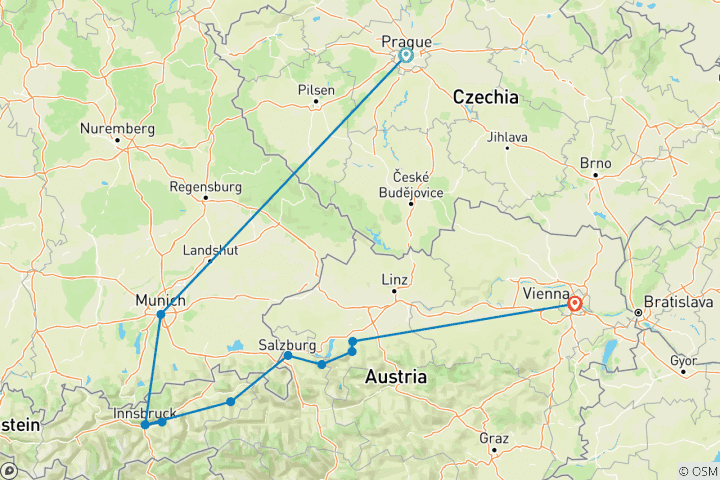 Karte von Prag, München und Österreich GO (11 Reiseziele)