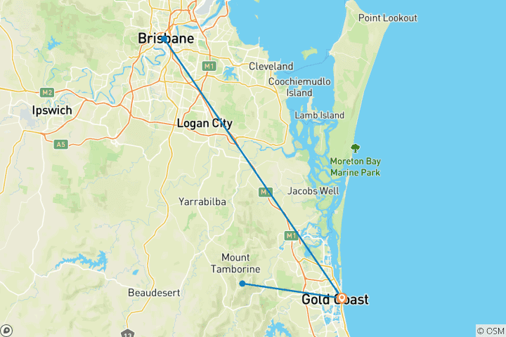 Carte du circuit Aventure de 5 jours sur la Gold Coast et dans la baie de Moreton, avec une excursion gastronomique en montagne