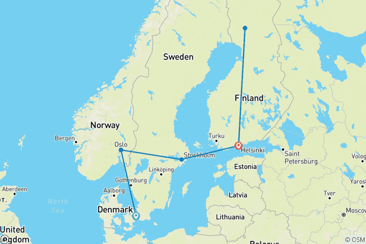 Carte du circuit Merveilles nordiques : Copenhague, Oslo, Stockholm et Helsinki, avec la magie de la Laponie, le village du Père Noël et des séjours en hôtel 4 étoiles