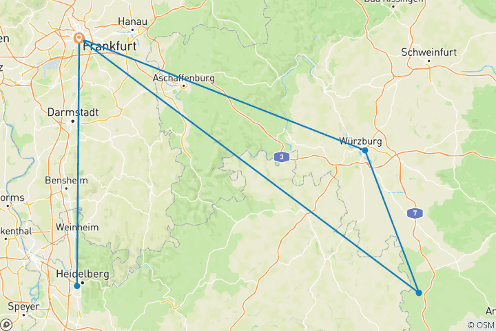 Map of 6 Days Germany's Enchanted Christmas Trail: Frankfurt, Heidelberg, Rothenburg & Würzburg