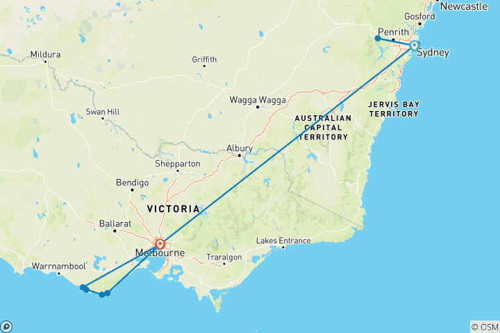 Carte du circuit 7 jours de Sydney à Melbourne : les villes emblématiques de l'Australie en train