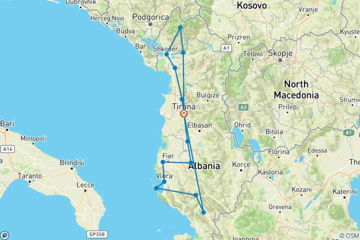 Map of Couples Road Trip in Albania: 8 Days in the Alps, Berat, Gjirokaster and Vlora