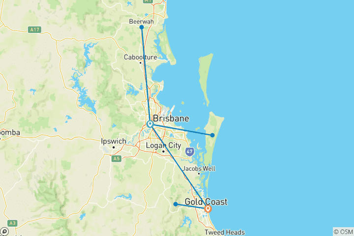 Carte du circuit Circuit de 8 jours à la découverte de Brisbane et de la Gold Coast : les incontournables de la ville et une escapade sur la côte