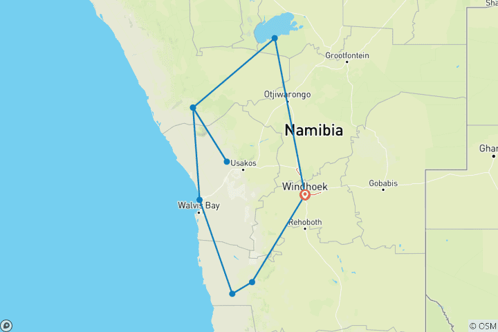 Mapa de Safari de 10 días por Namibia: culturas, desierto y fauna salvaje