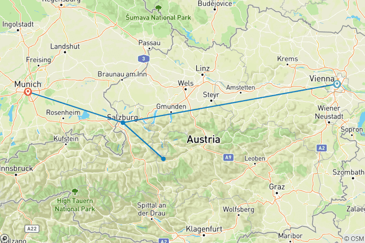 Carte du circuit Circuit de 8 jours à la découverte des marchés de Noël de Vienne, Salzbourg et Munich