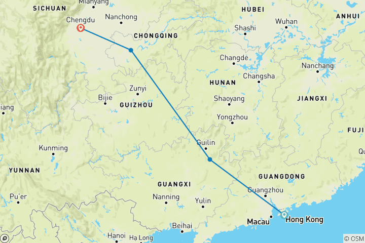 Karte von Hongkong nach Chengdu Express: 11-tägige China-Entdeckung
