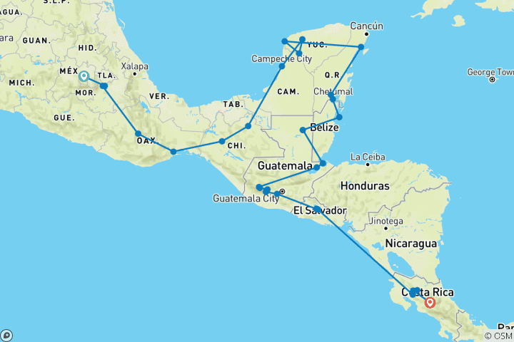 Carte du circuit Exploration de l'Amérique centrale