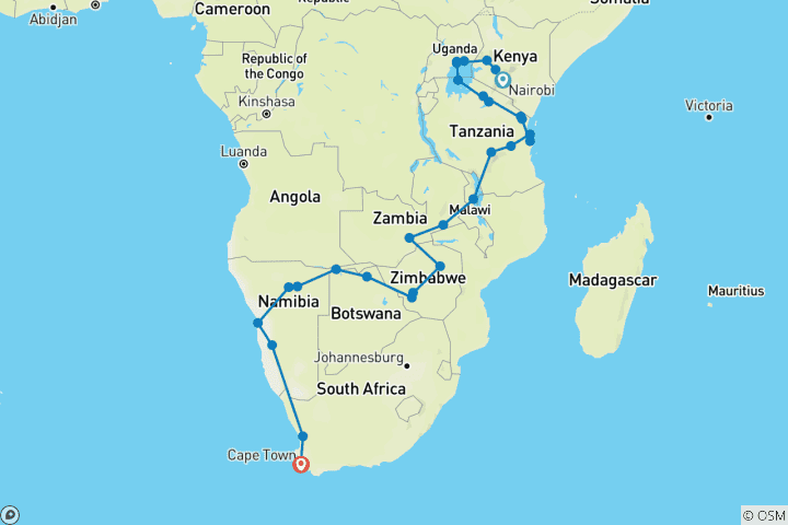 Carte du circuit L'Afrique englobée vers le sud (63 destinations)