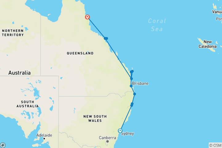 Carte du circuit Le meilleur de la côte – De Sydney à Cairns
