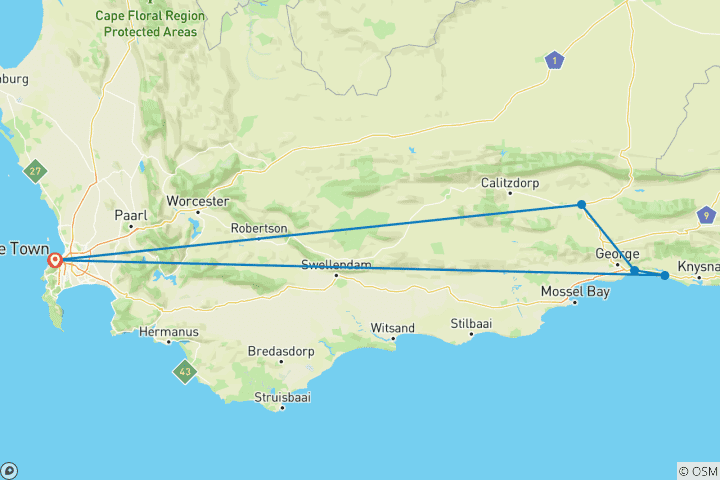 Kaart van De Tuinroute & safari - een rondreis vanuit Kaapstad - 3 dagen