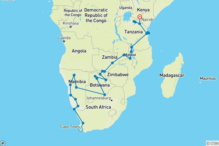Carte du circuit Du Cap au Serengeti : déserts et faune sauvage