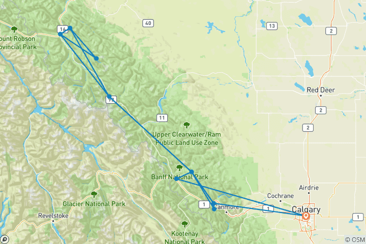 Carte du circuit Les grands centres de villégiature des Rocheuses canadiennes