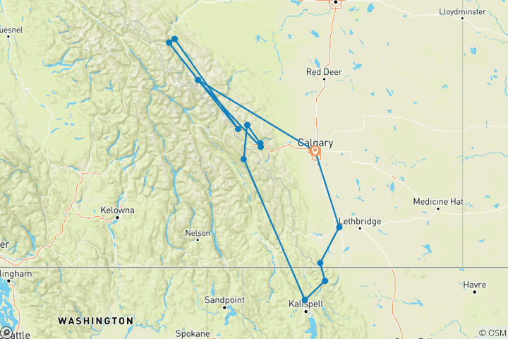 Mapa de Parque Nacional de los Glaciares y Rocosas Canadienses con la Estampida de Calgary