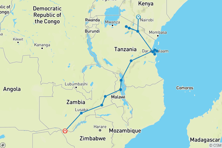 Map of Serengeti to Victoria Falls Overland: Night Stars & Spices