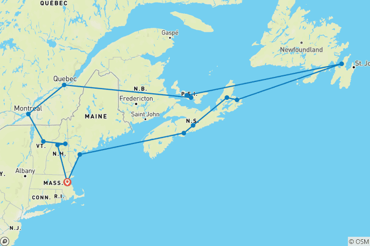 Carte du circuit Passage par la Nouvelle- Angleterre et l'Est du Canada