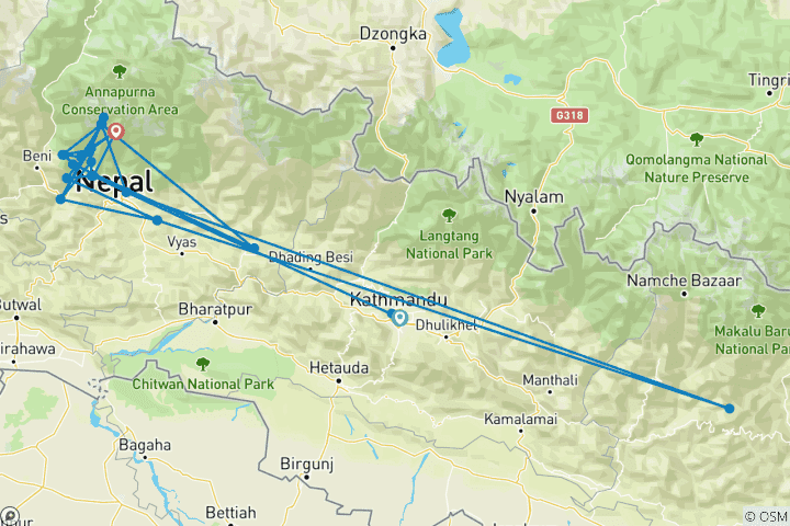 Carte du circuit Trek du camp de base de l'Annapurna (from Katmandou to Machhapuchhare)