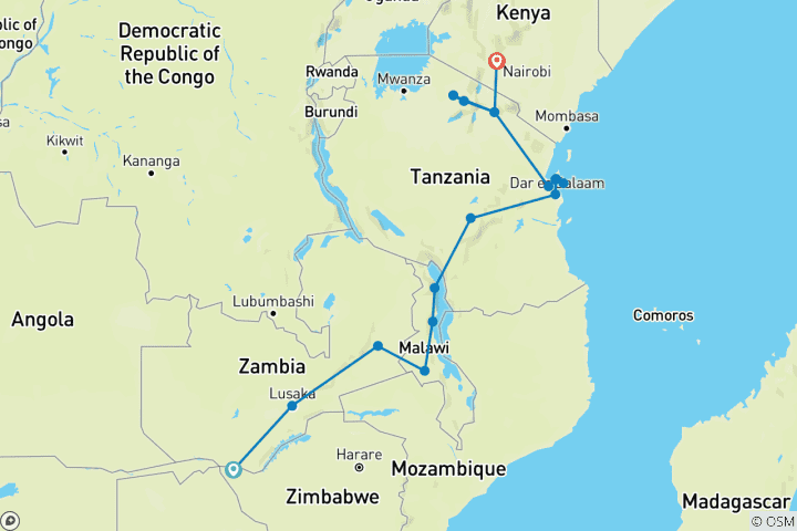 Map of Victoria Falls & Serengeti Overland: Lakes & Landos